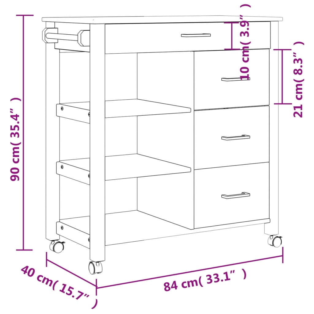 Carrello Da Cucina Monza 84X40X88,5 Cm In Legno Massello Di Pino