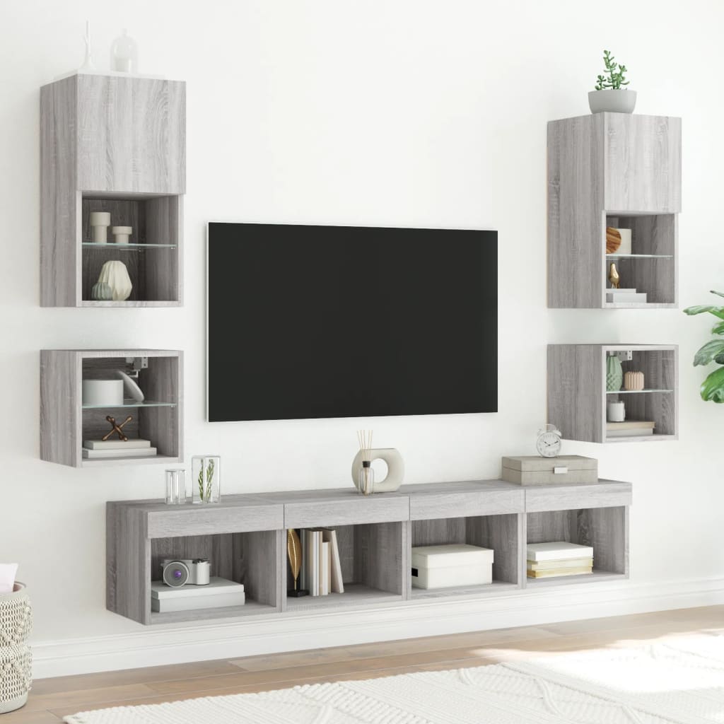 Mobili Tv A Parete Con Luci Led 2Pz Grigio Sonoma 30X28,5X30 Cm