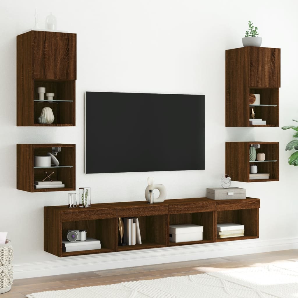 Mobili Tv A Parete Con Luci Led 2Pz Rovere Marrone 30X28,5X30Cm