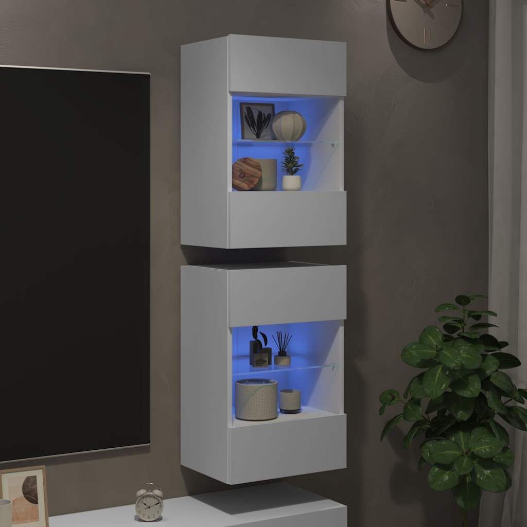 Mobili Da Parete Con Luci Led Per Tv 2Pz Bianchi 40X30X60,5 Cm Rovere Marrone