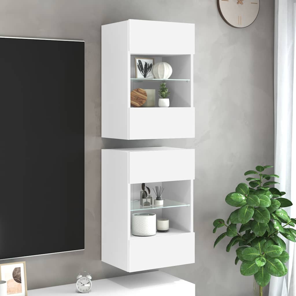 Mobili Da Parete Con Luci Led Per Tv 2Pz Bianchi 40X30X60,5 Cm Rovere Marrone