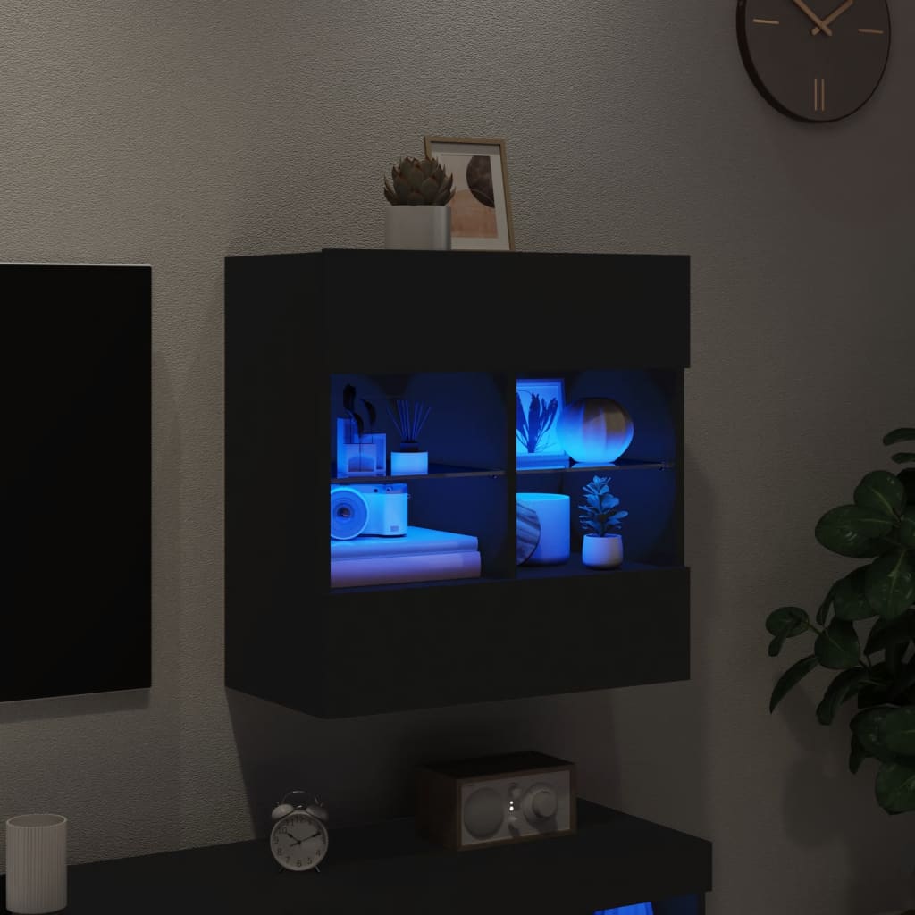 Mobile Tv A Parete Con Luci Led Nero 58,5X30X60,5 Cm Rovere Marrone