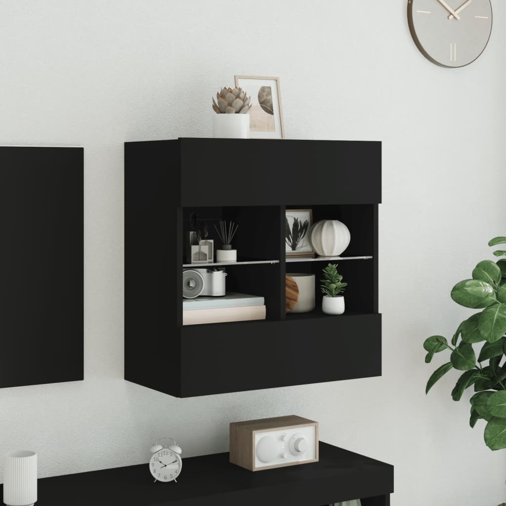 Mobile Tv A Parete Con Luci Led Nero 58,5X30X60,5 Cm Rovere Marrone