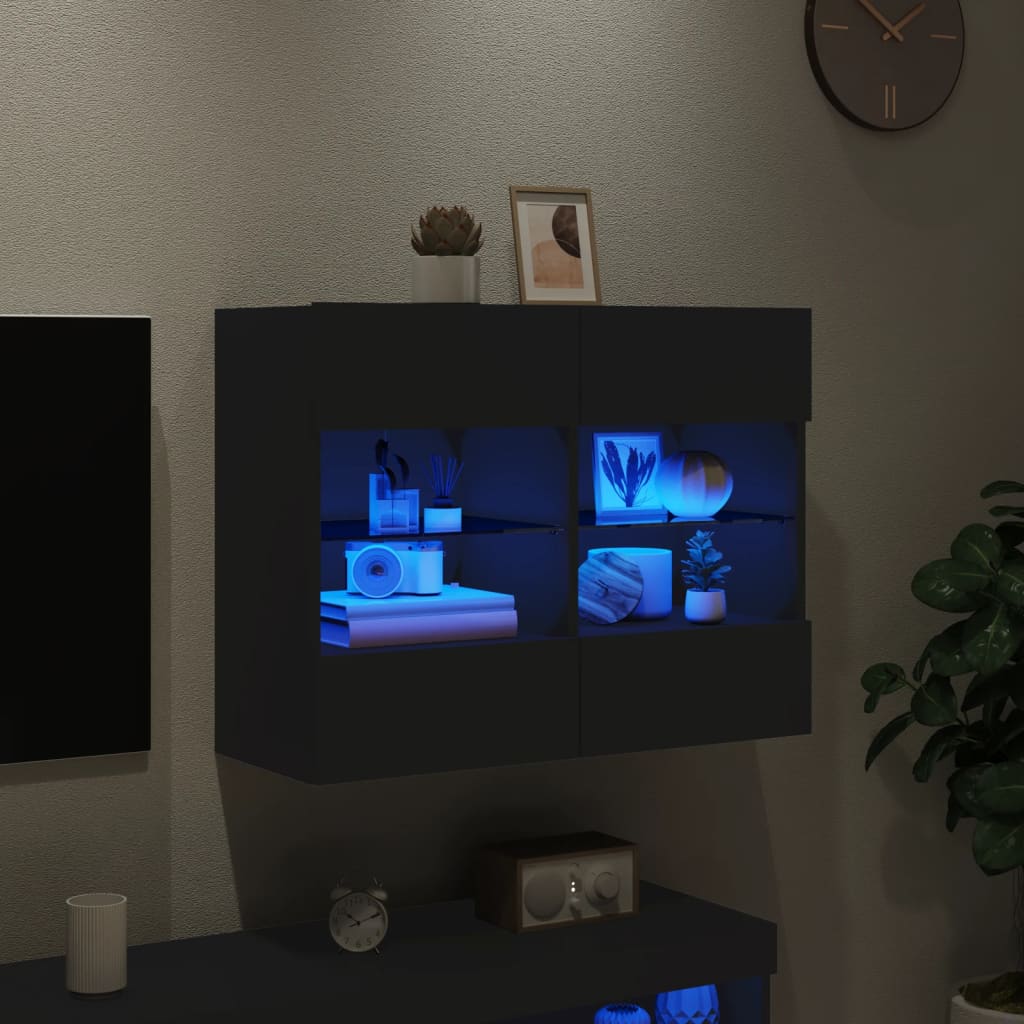 Mobile Tv A Parete Con Luci Led Nero 78,5X30X60,5 Cm Rovere Marrone