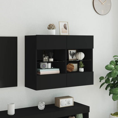 Mobile Tv A Parete Con Luci Led Nero 78,5X30X60,5 Cm Rovere Marrone
