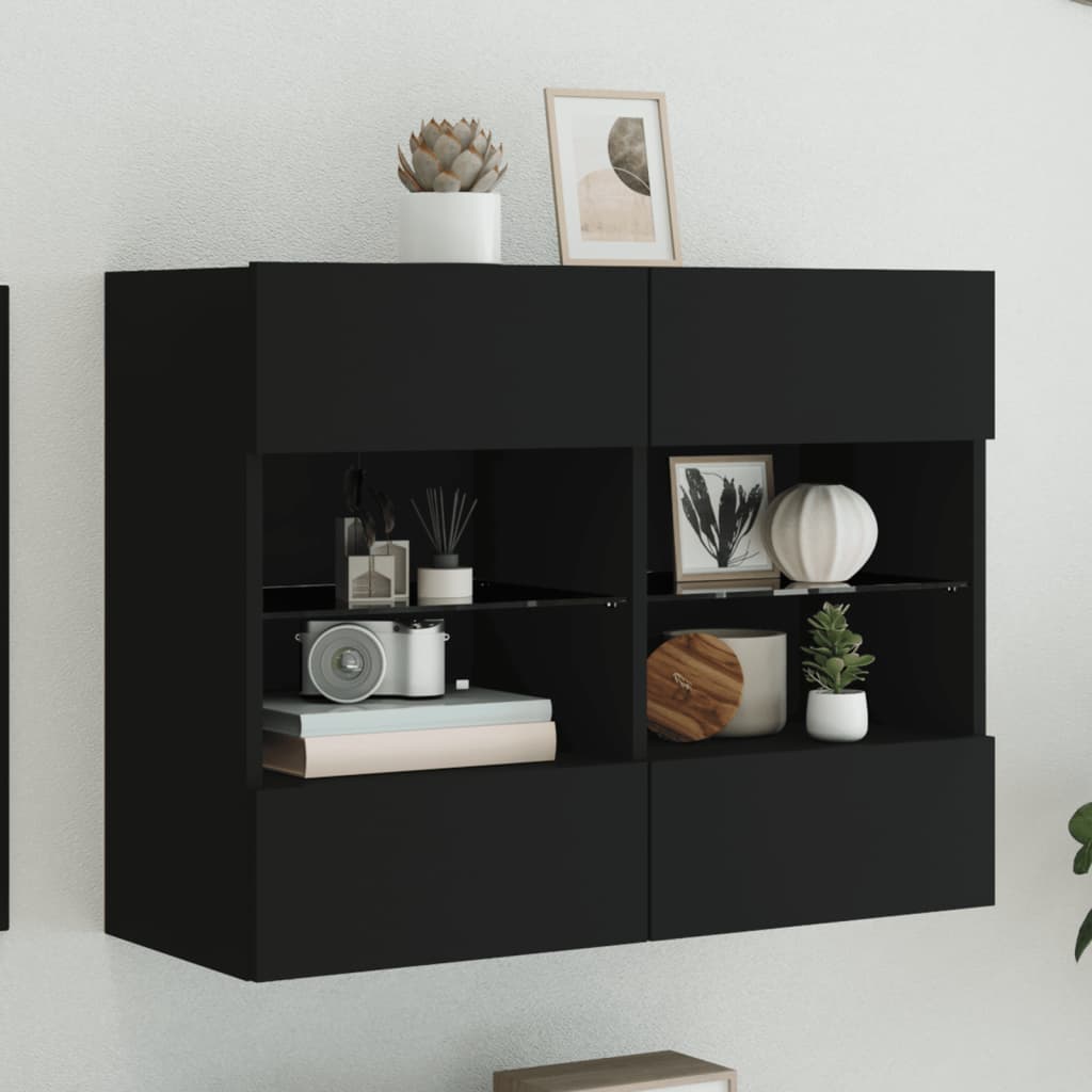 Mobile Tv A Parete Con Luci Led Nero 78,5X30X60,5 Cm Rovere Marrone