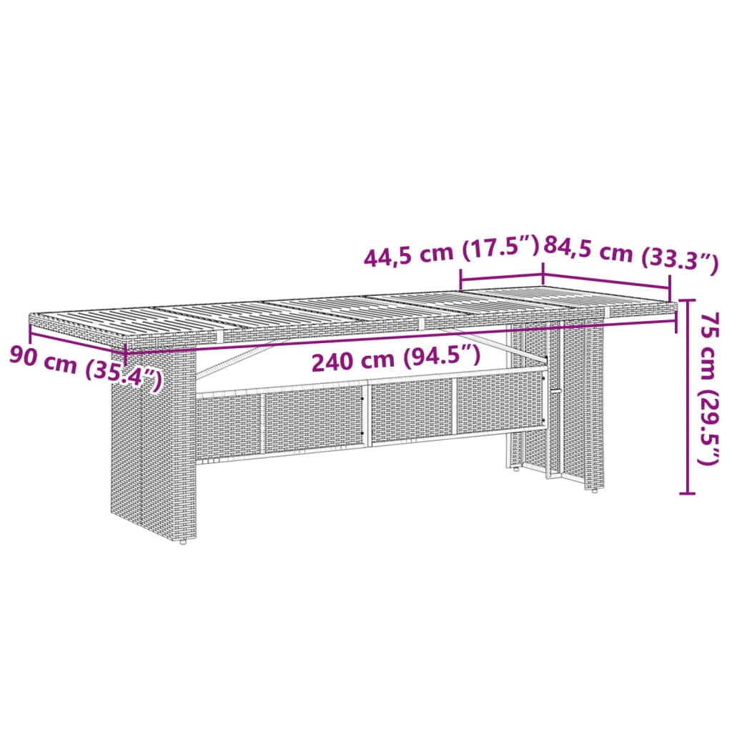 Tavolo Da Giardino Piano In 240X90X75Cm Polyrattan Grigio