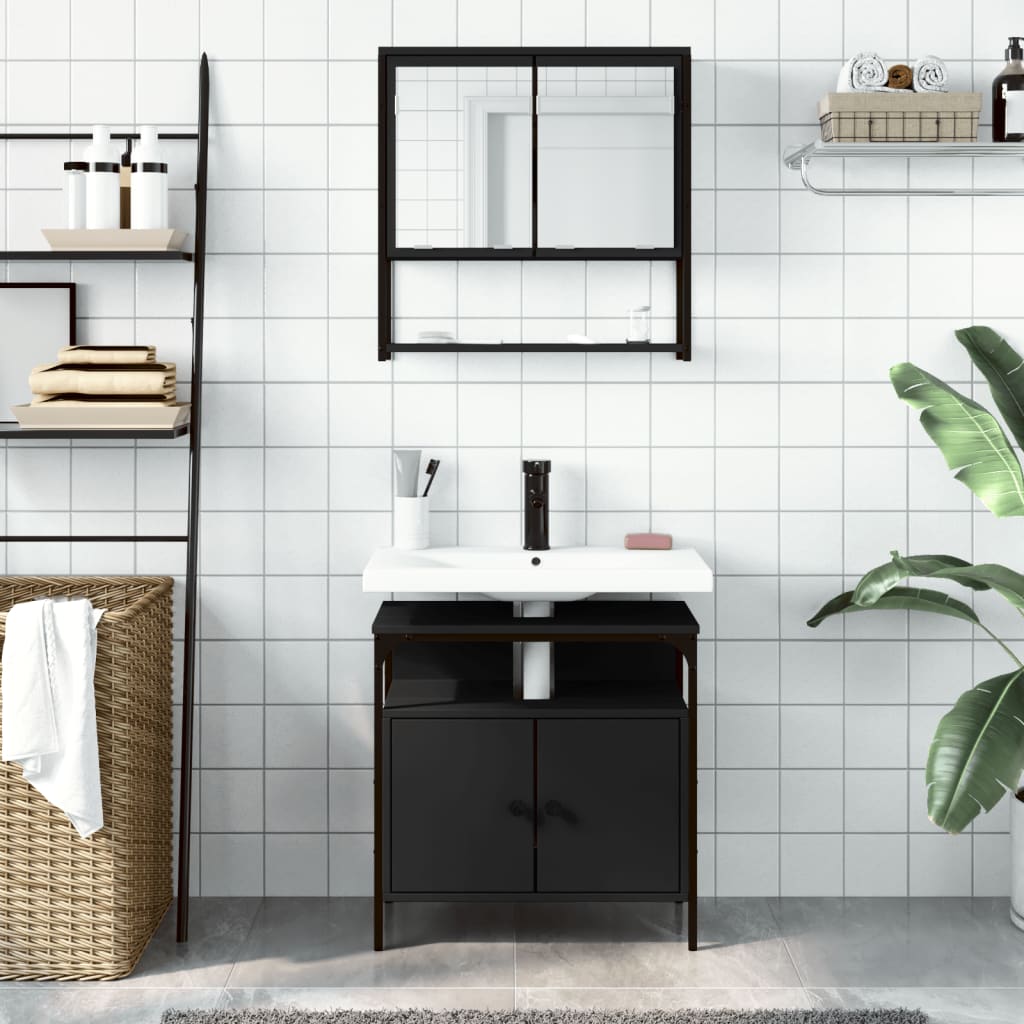 Set Mobili Da Bagno 2 Pz Nero In Legno Multistrato