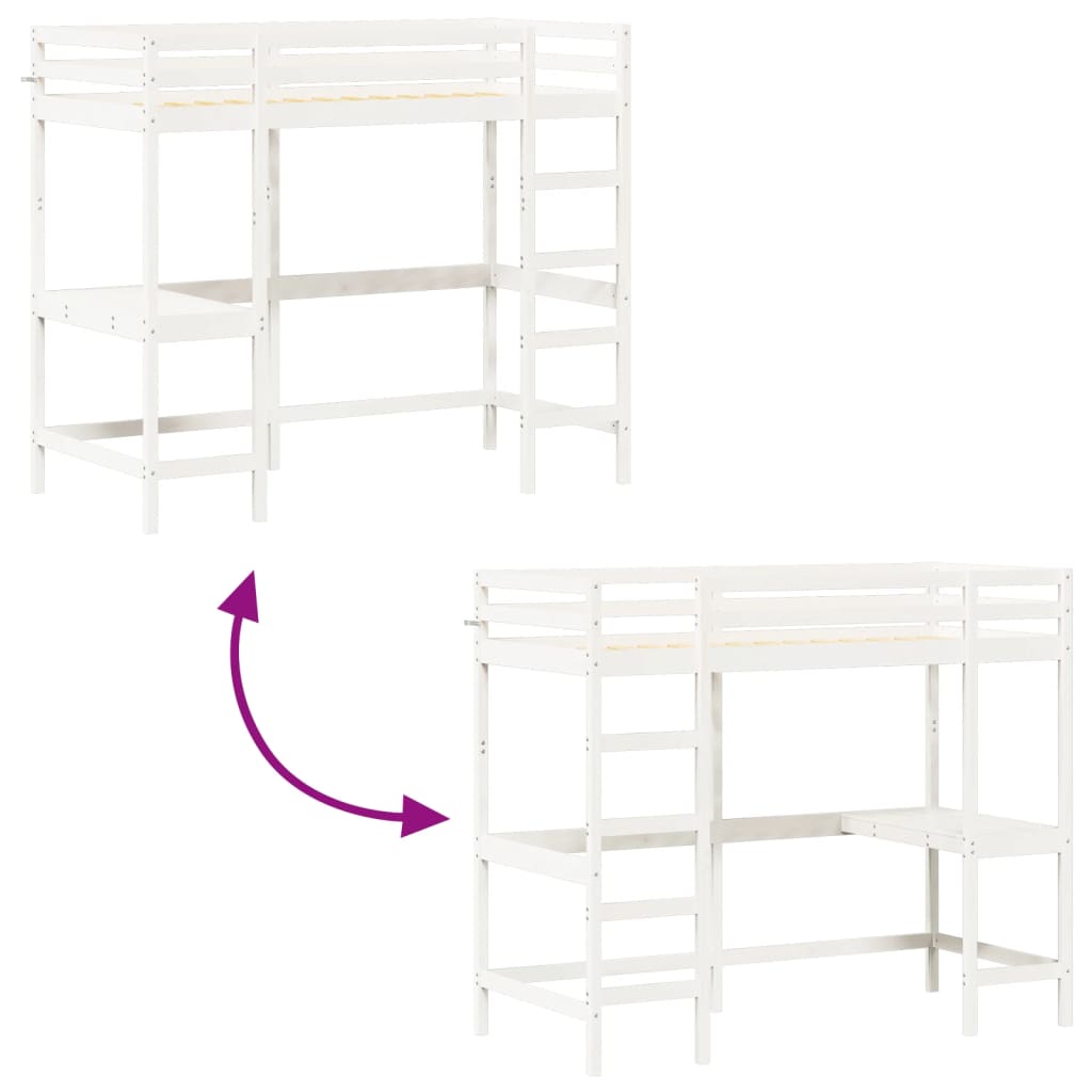 Letto Soppalco Con Scrivania Bianco 100X200 Cm Massello Pino