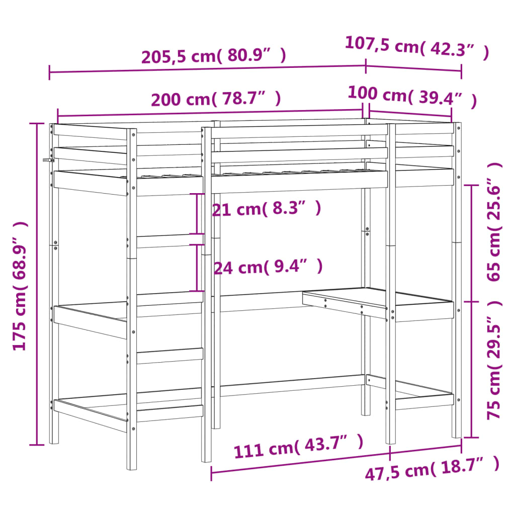 Letto Soppalco Con Scrivania Bianco 100X200 Cm Massello Pino