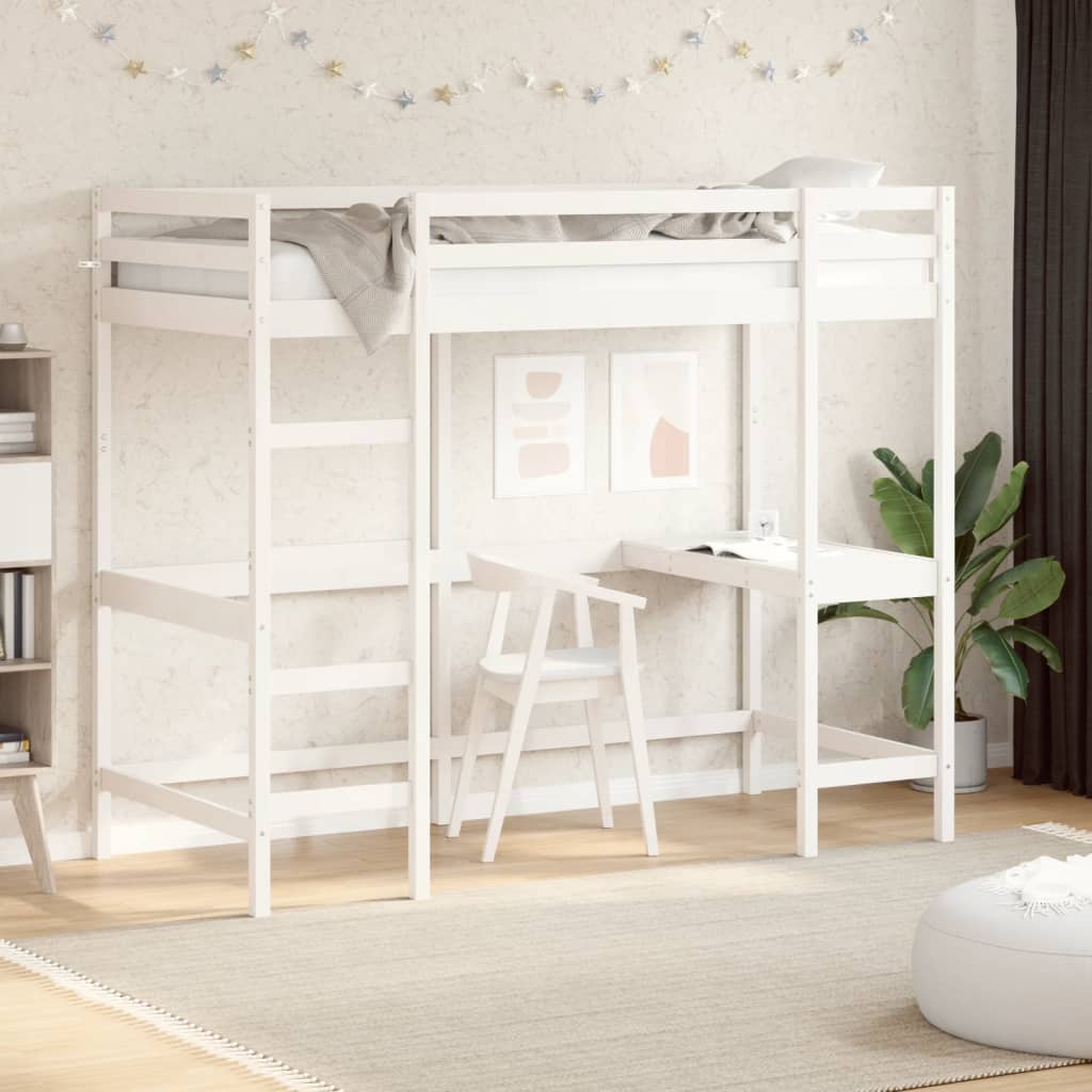 Letto Soppalco Con Scrivania Bianco 100X200 Cm Massello Pino