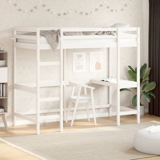 Letto Soppalco Con Scrivania Bianco 100X200 Cm Massello Pino