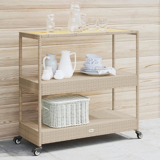 Carrello Da Bar 3 Livelli Beige In Polyrattan E Massello Acacia