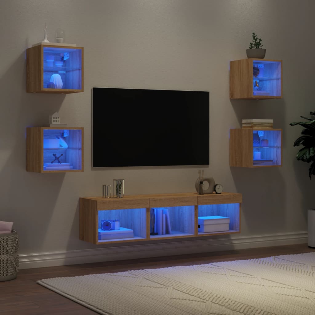 Mobili Tv A Muro Con Led 7Pz Legno Multistrato