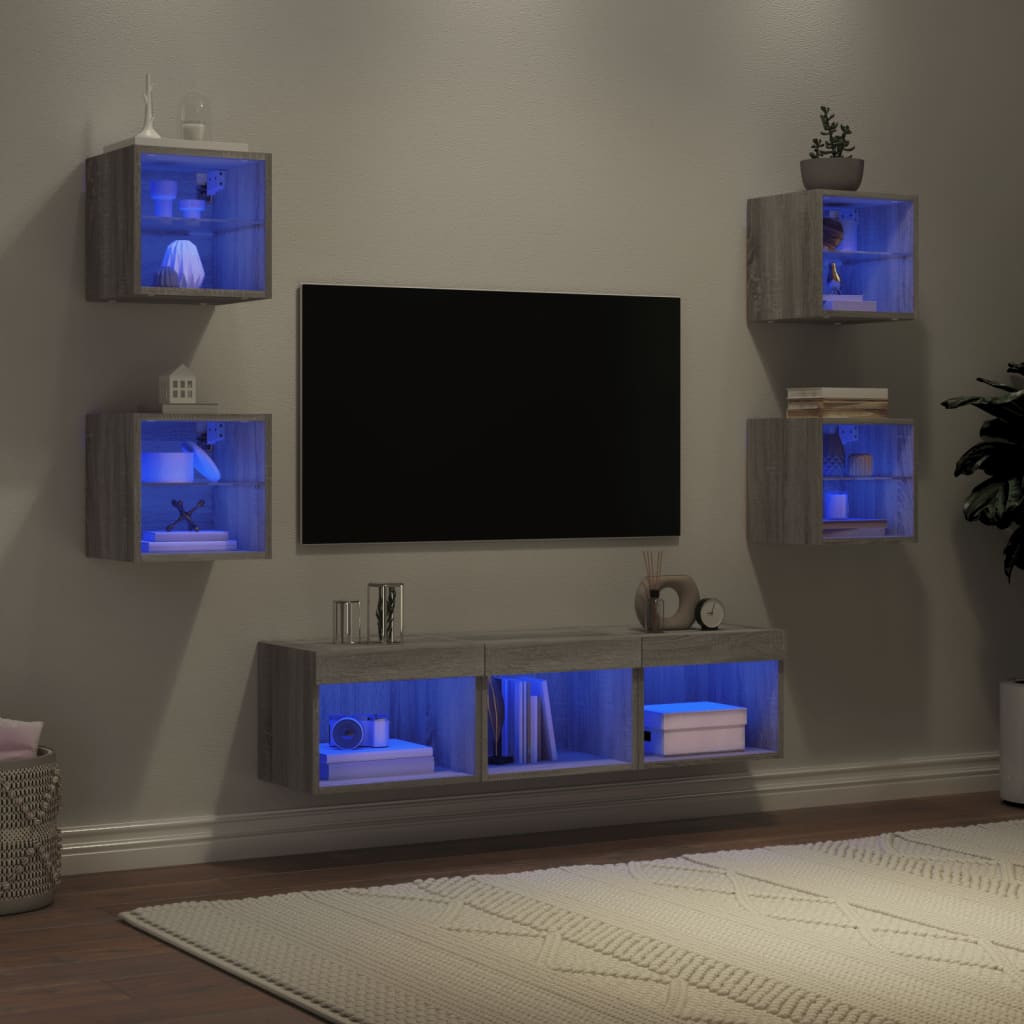 Mobili Tv A Muro Con Led 7Pz Legno Multistrato