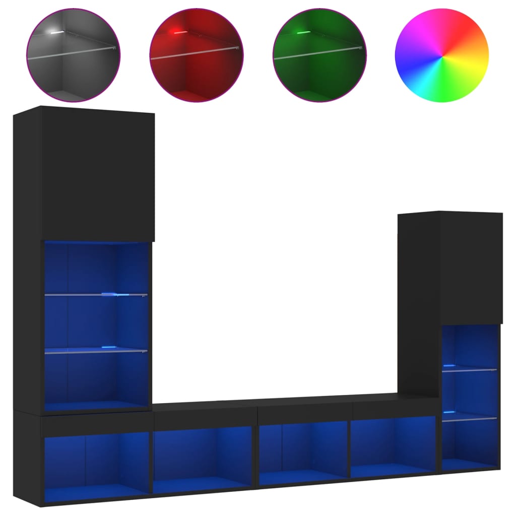 Mobili Tv A Muro Con Led 4Pz Neri In Legno Multistrato
