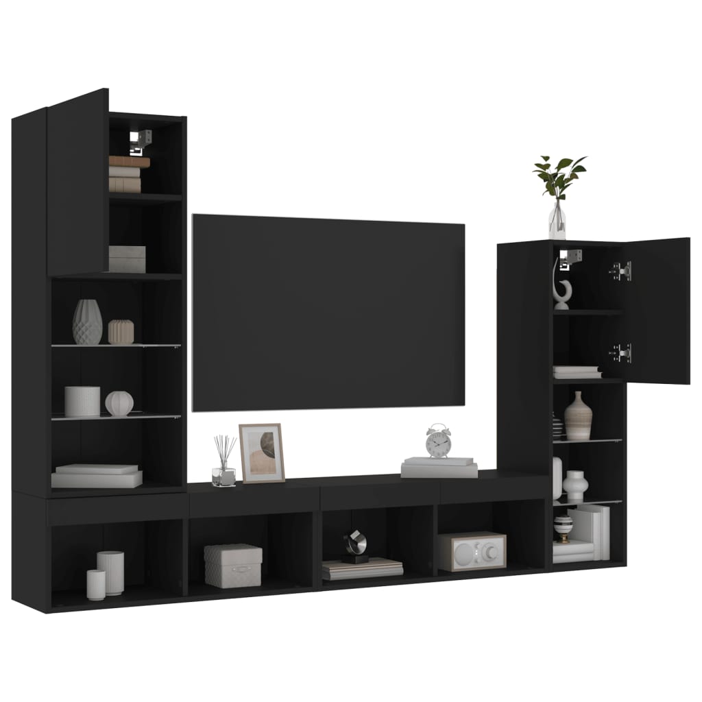 Mobili Tv A Muro Con Led 4Pz Neri In Legno Multistrato