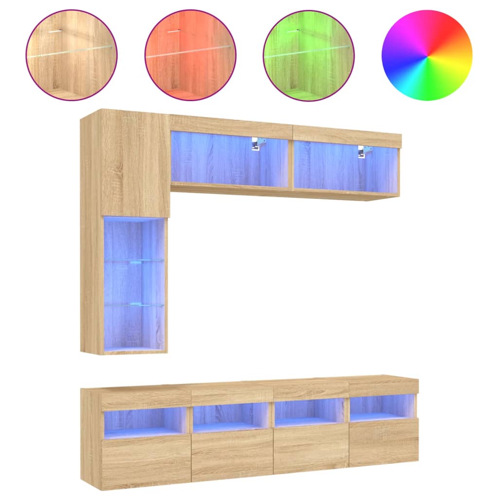 Set Mobili Tv A Muro 7 Pz Con Luci Led