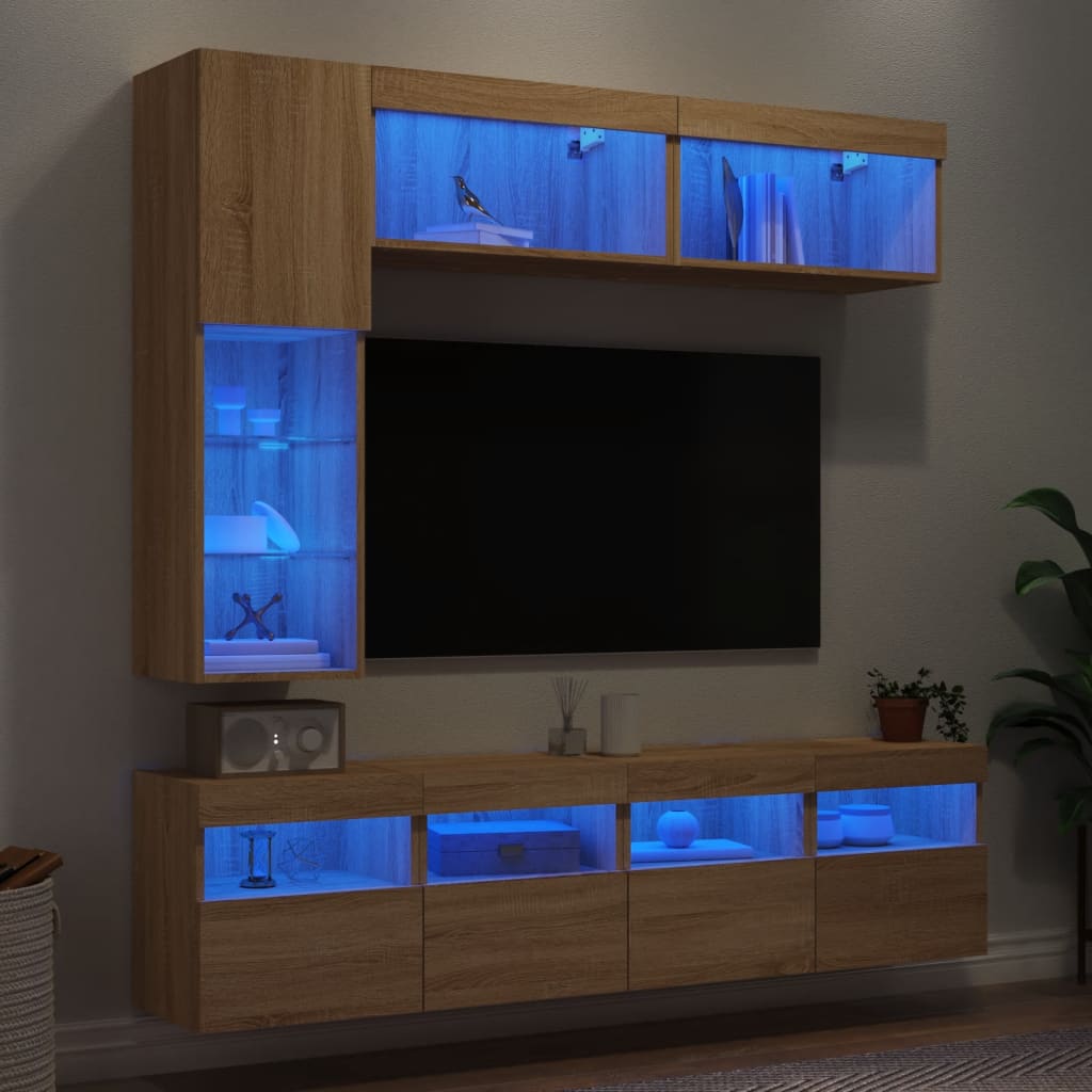 Set Mobili Tv A Muro 7 Pz Con Luci Led