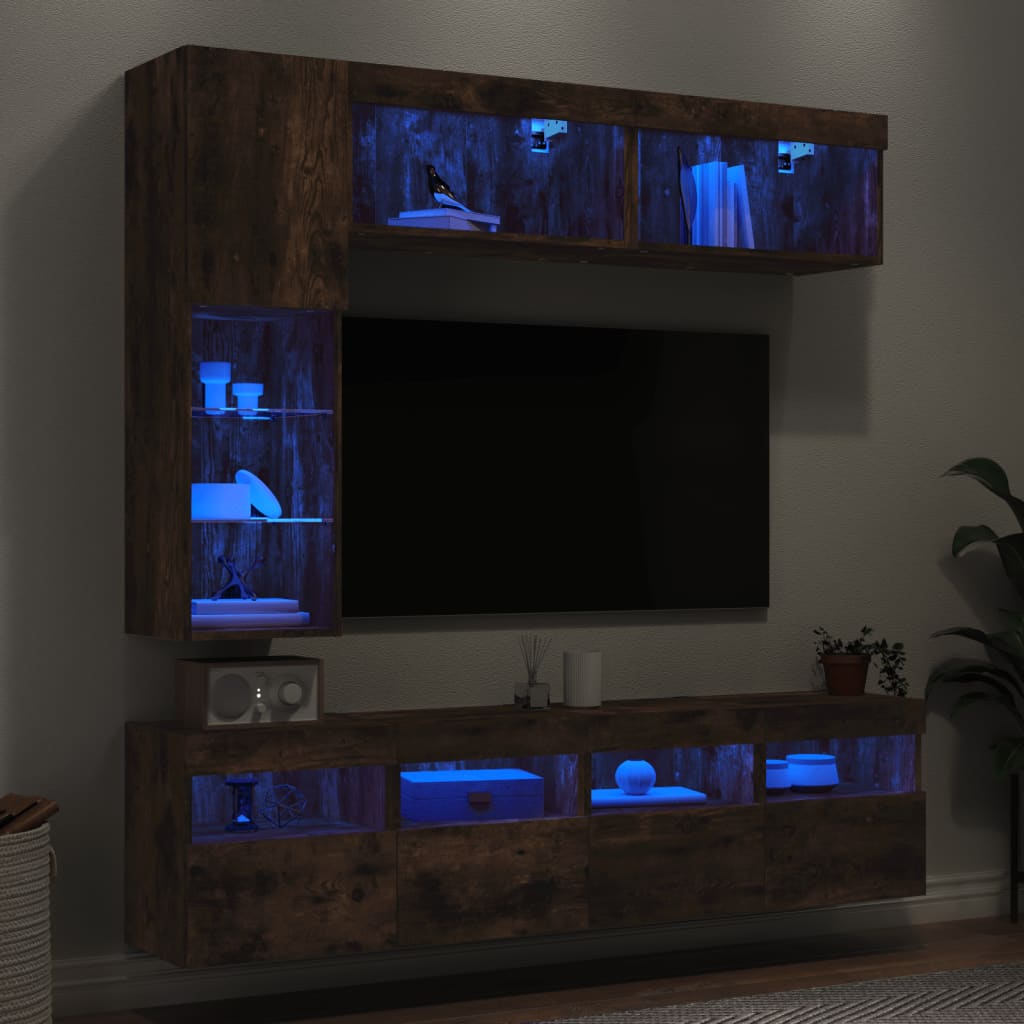 Set Mobili Tv A Muro 7 Pz Con Luci Led