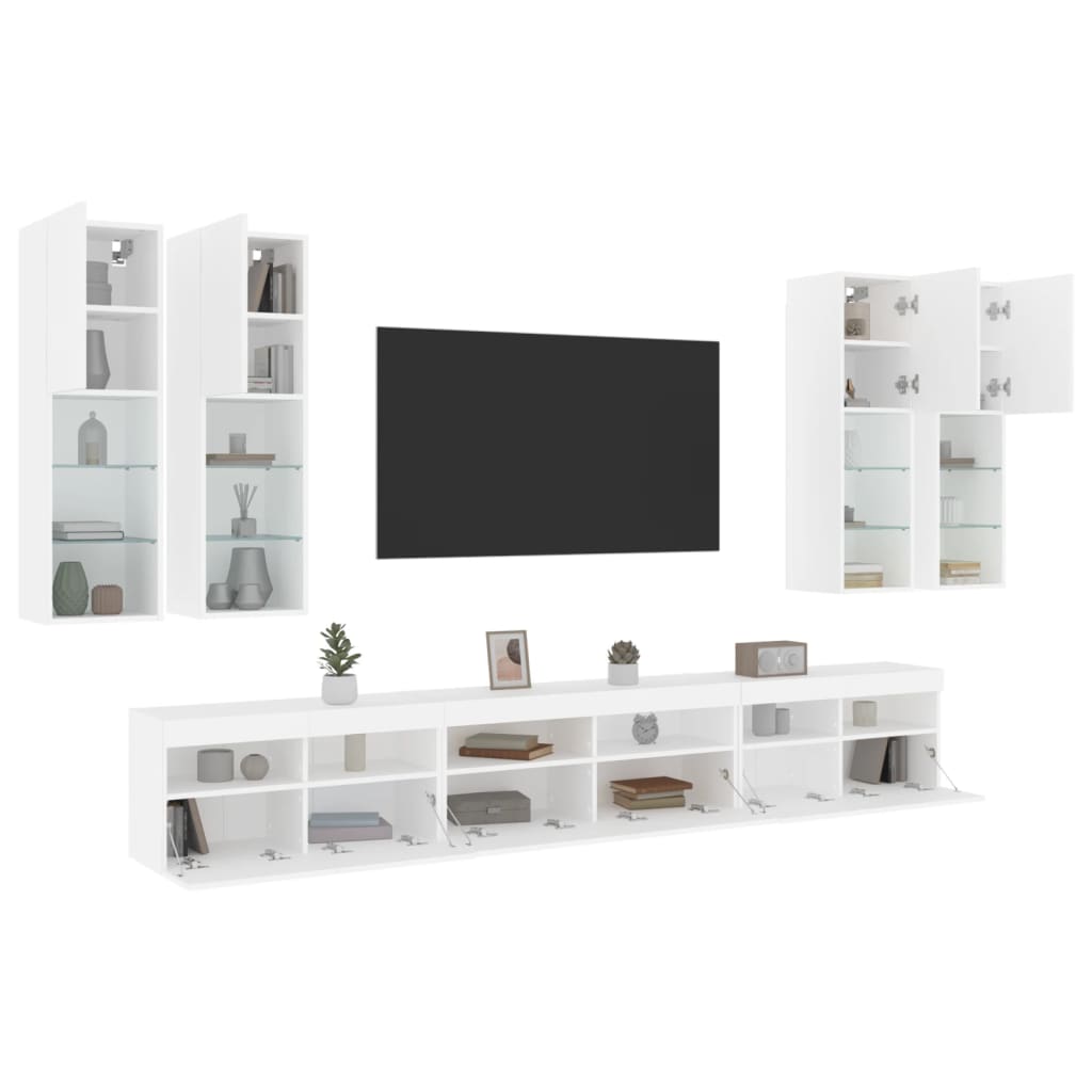 Set Mobili Tv A Muro 7 Pz Con Luci Led