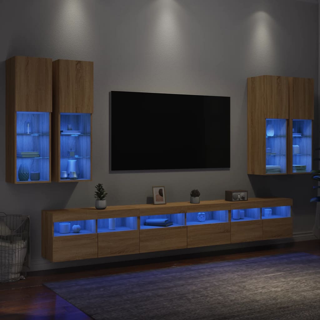 Set Mobili Tv A Muro 7 Pz Con Luci Led