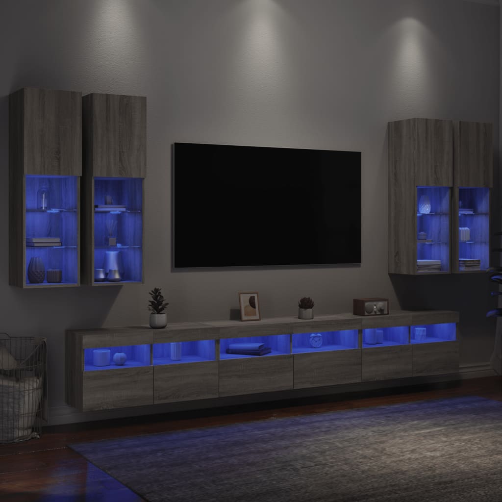 Set Mobili Tv A Muro 7 Pz Con Luci Led
