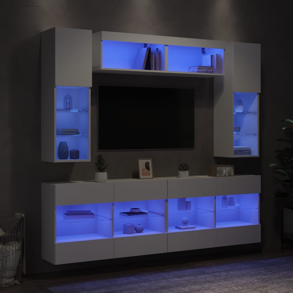 Set Mobili Tv A Muro 6 Pz Con Luci Led