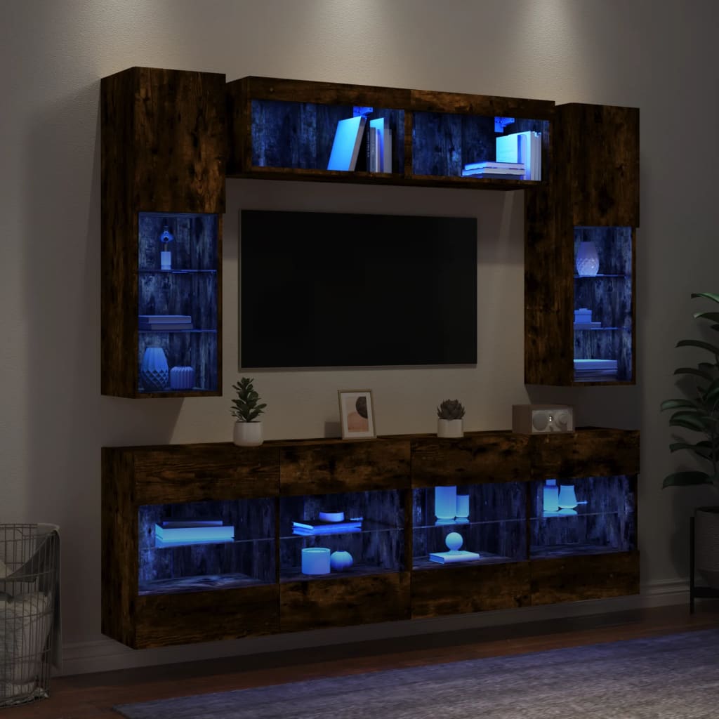 Set Mobili Tv A Muro 6 Pz Con Luci Led
