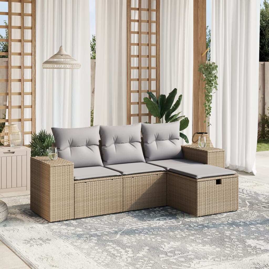 Set Divano Da Giardino 4 Pz Con Cuscini Beige In Polyrattan