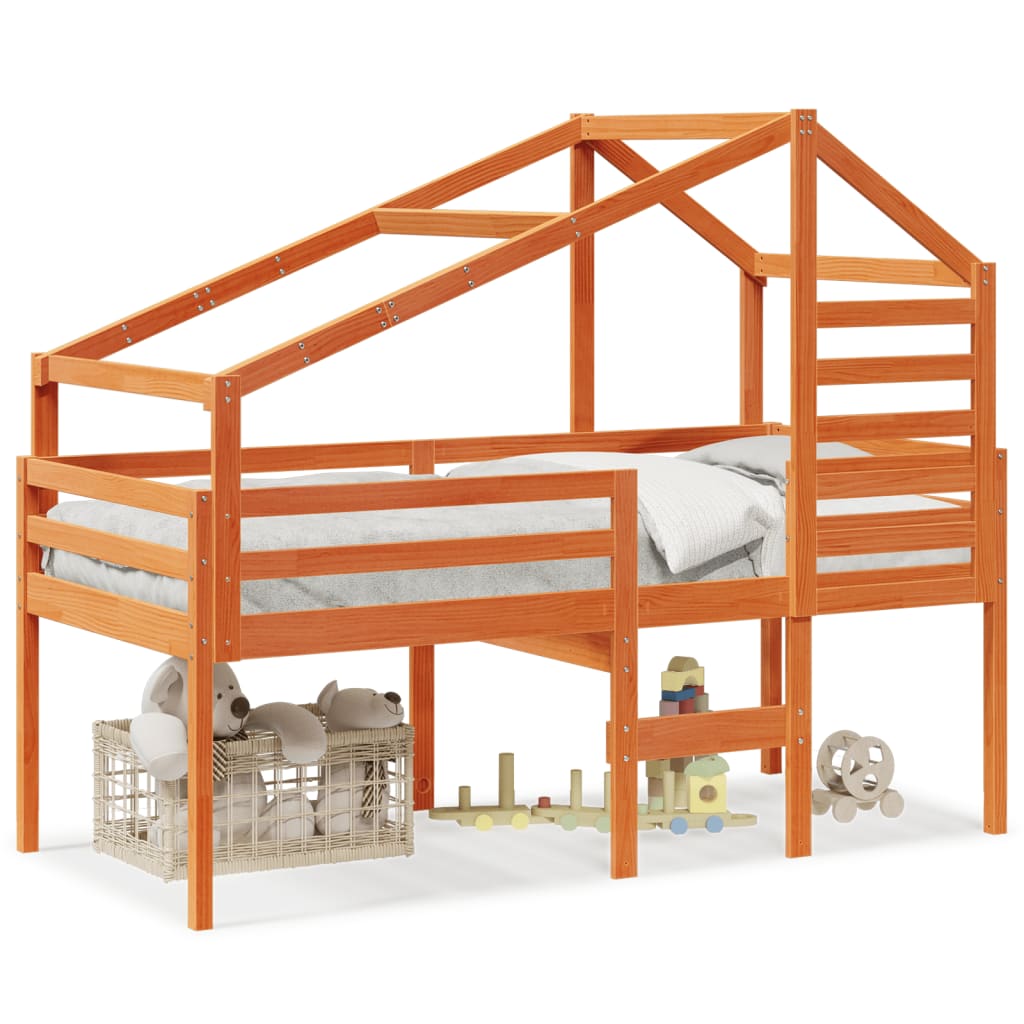 Letto A Soppalco Con Tetto Cera 90X190Cm Legno Massello Di Pino
