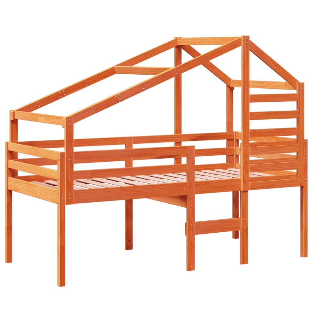 Letto A Soppalco Con Tetto Cera 90X190Cm Legno Massello Di Pino