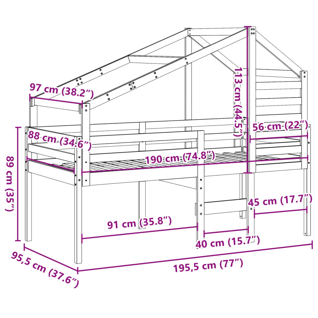 Letto A Soppalco Con Tetto Cera 90X190Cm Legno Massello Di Pino