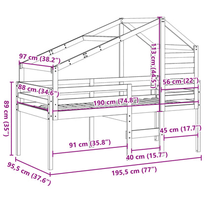 Letto A Soppalco Con Tetto Cera 90X190Cm Legno Massello Di Pino