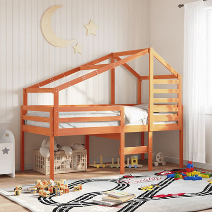 Letto A Soppalco Con Tetto Cera 90X190Cm Legno Massello Di Pino