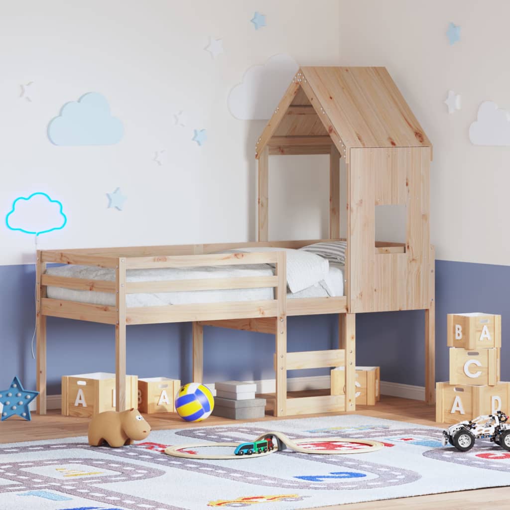 Letto A Soppalco Con Tetto In Legno Massello Di Pino