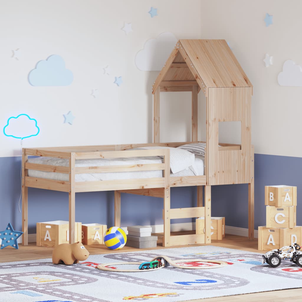 Letto A Soppalco Con Tetto In Legno Massello Di Pino