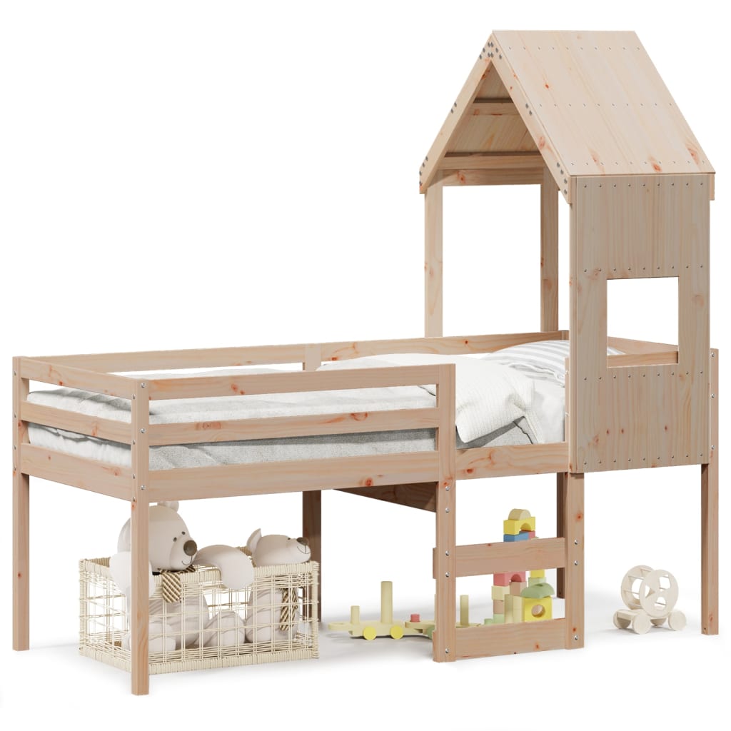 Letto A Soppalco Con Tetto In Legno Massello Di Pino