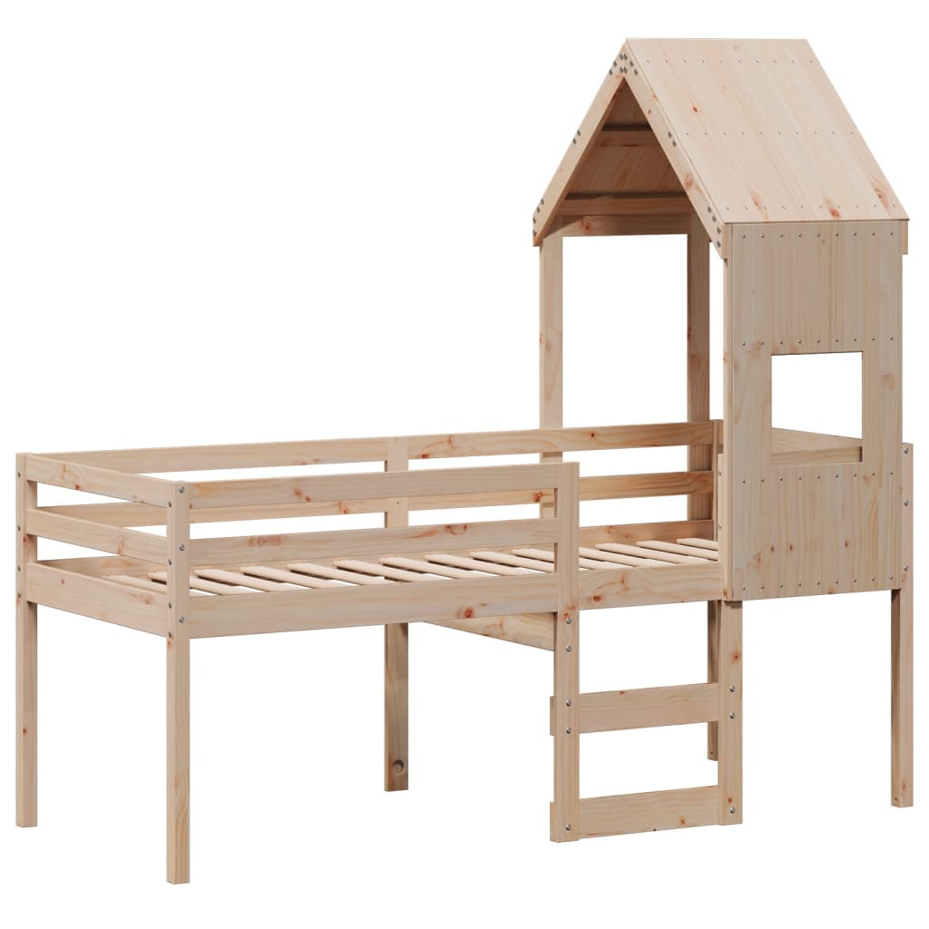 Letto A Soppalco Con Tetto In Legno Massello Di Pino