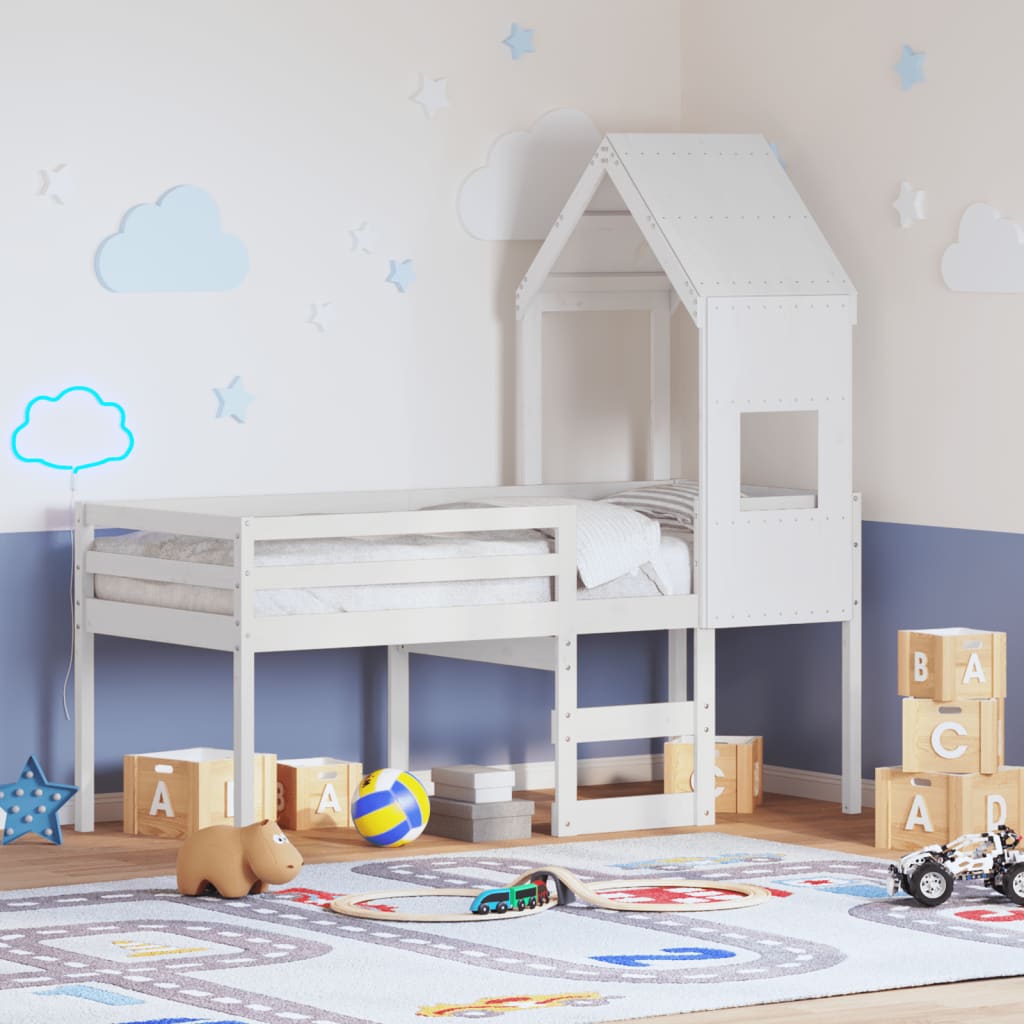 Letto A Soppalco Con Tetto In Legno Massello Di Pino