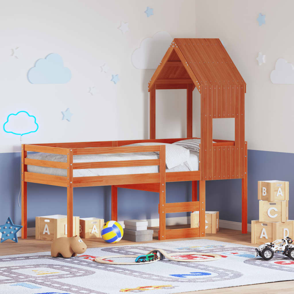Letto A Soppalco Con Tetto In Legno Massello Di Pino