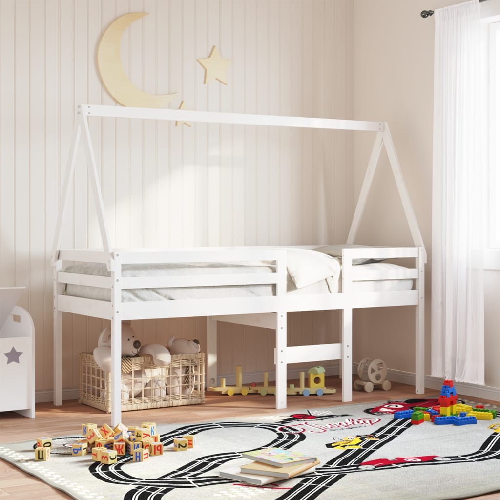 Letto A Soppalco Con Tetto In Legno Massello Di Pino