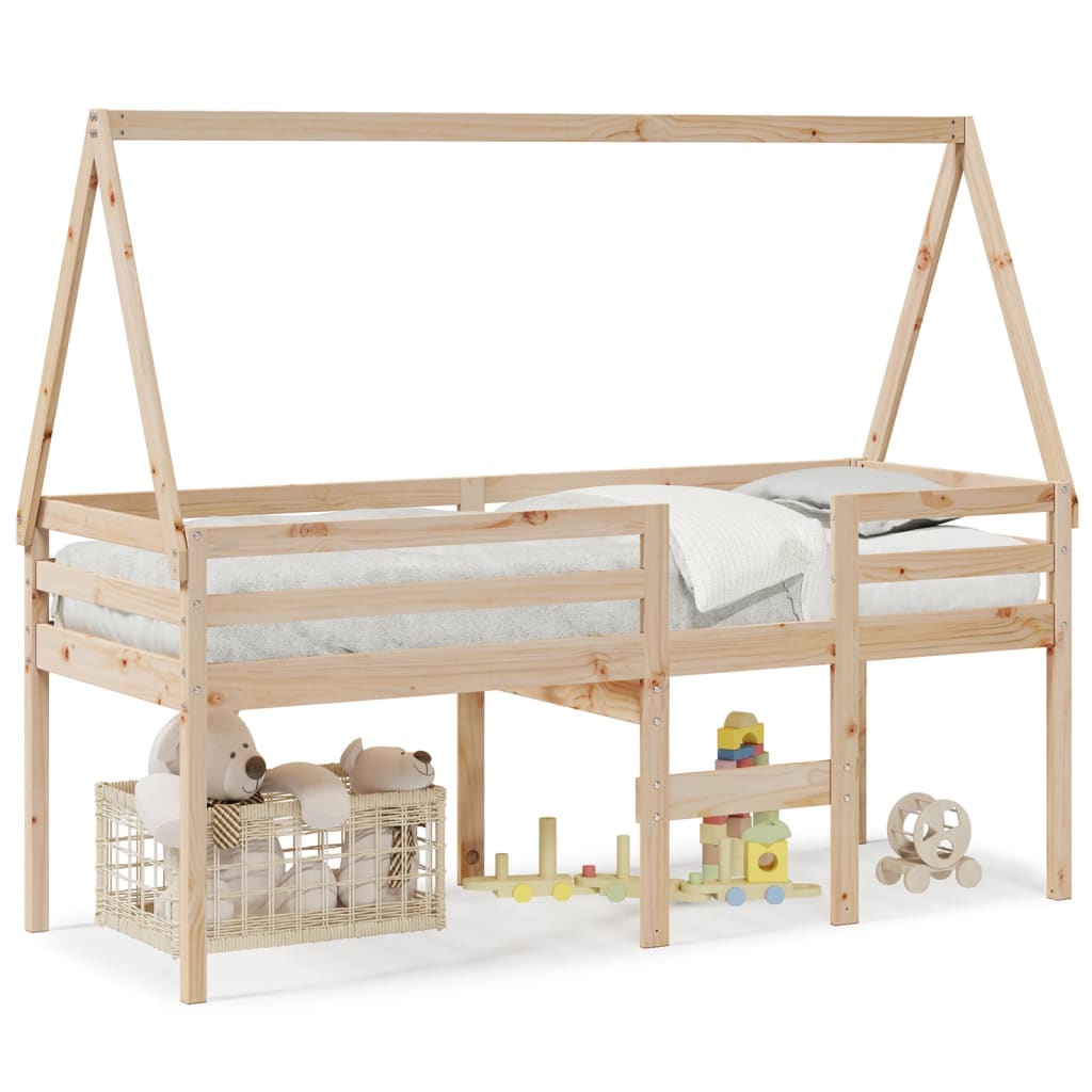 Letto A Soppalco Con Tetto In Legno Massello Di Pino