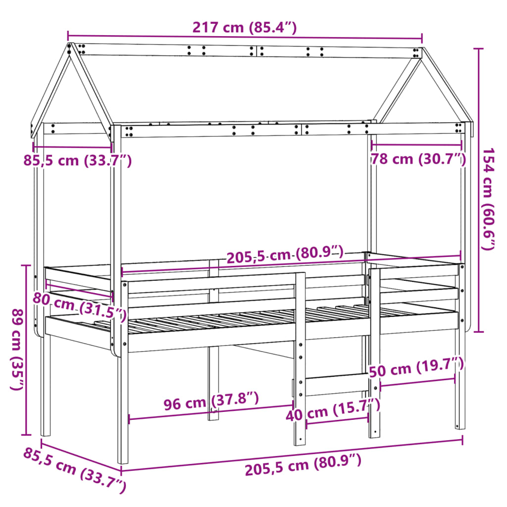 Letto A Soppalco Con Tetto In Legno Di Pino