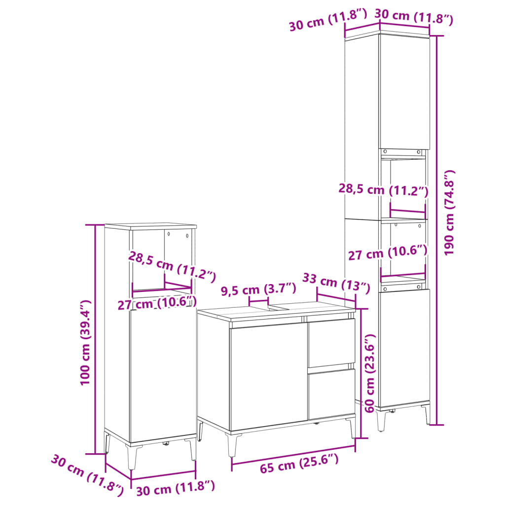 Set Mobili Da Bagno 3 Pz In Legno Multistrato