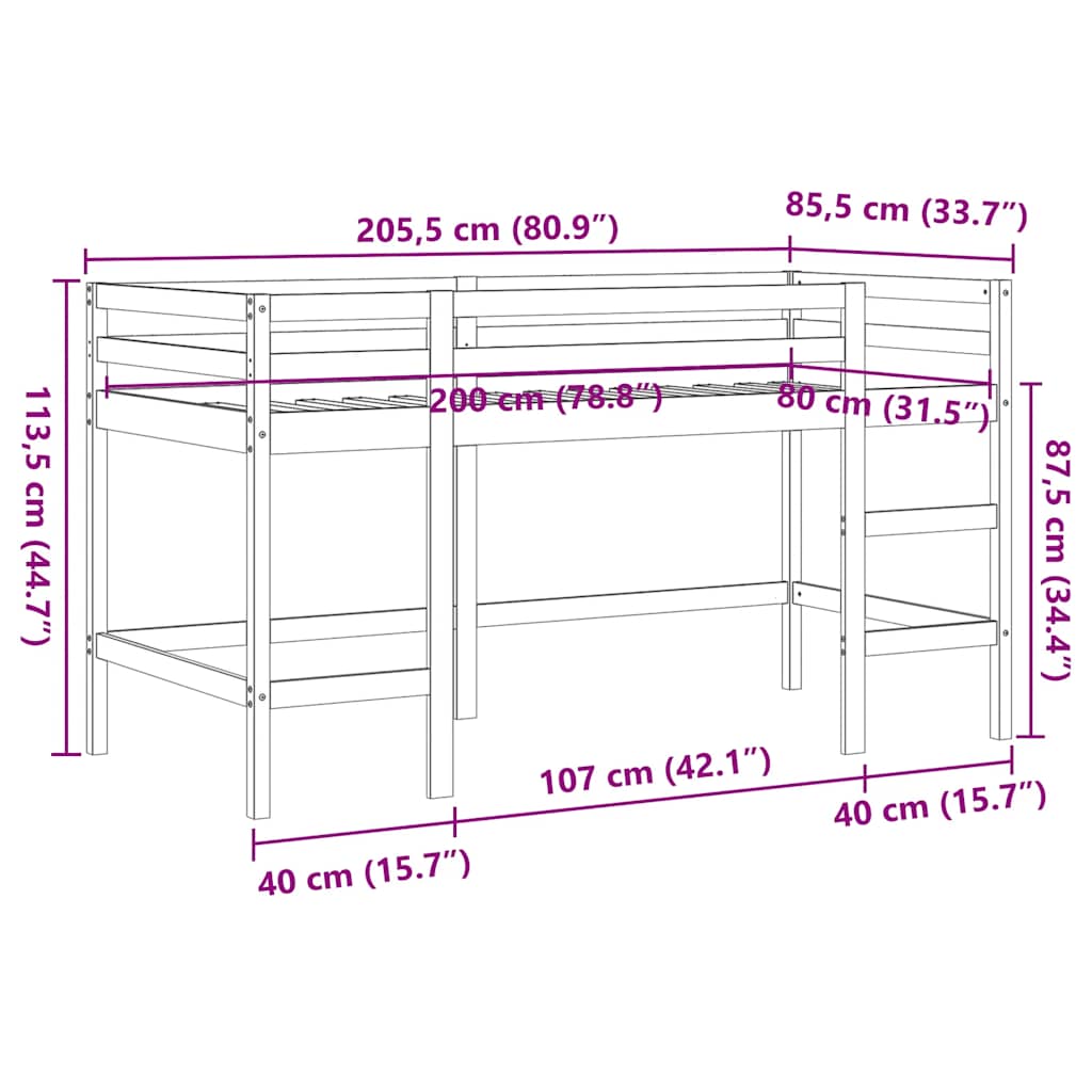 Letto Soppalco Con Scala Bambini Marrone 80X200Cm Massello Pino