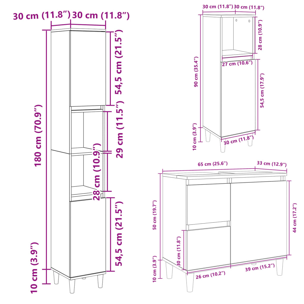 Set Mobili Da Bagno 3 Pz In Legno Multistrato