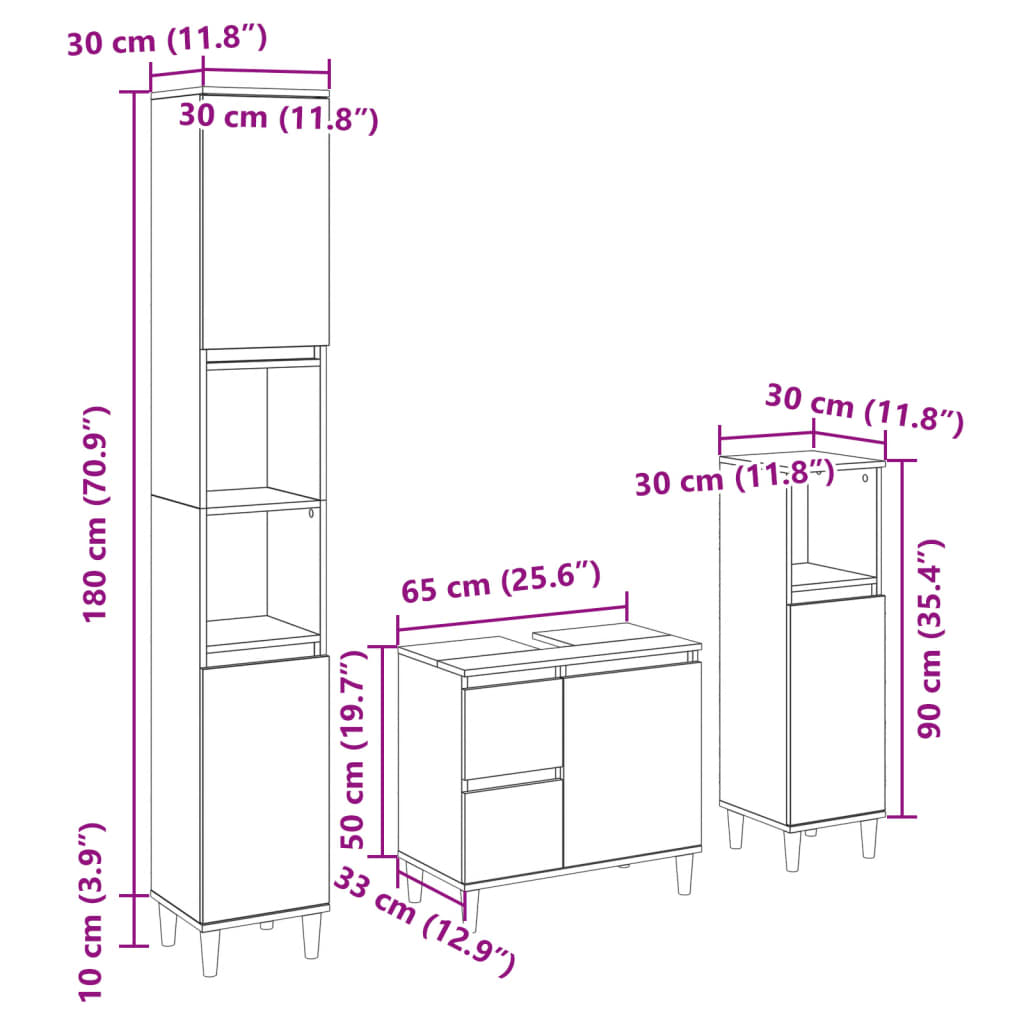 Set Mobili Da Bagno 3 Pz In Legno Multistrato