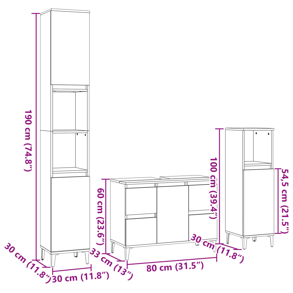 Set Mobili Da Bagno 3 Pz In Legno Multistrato