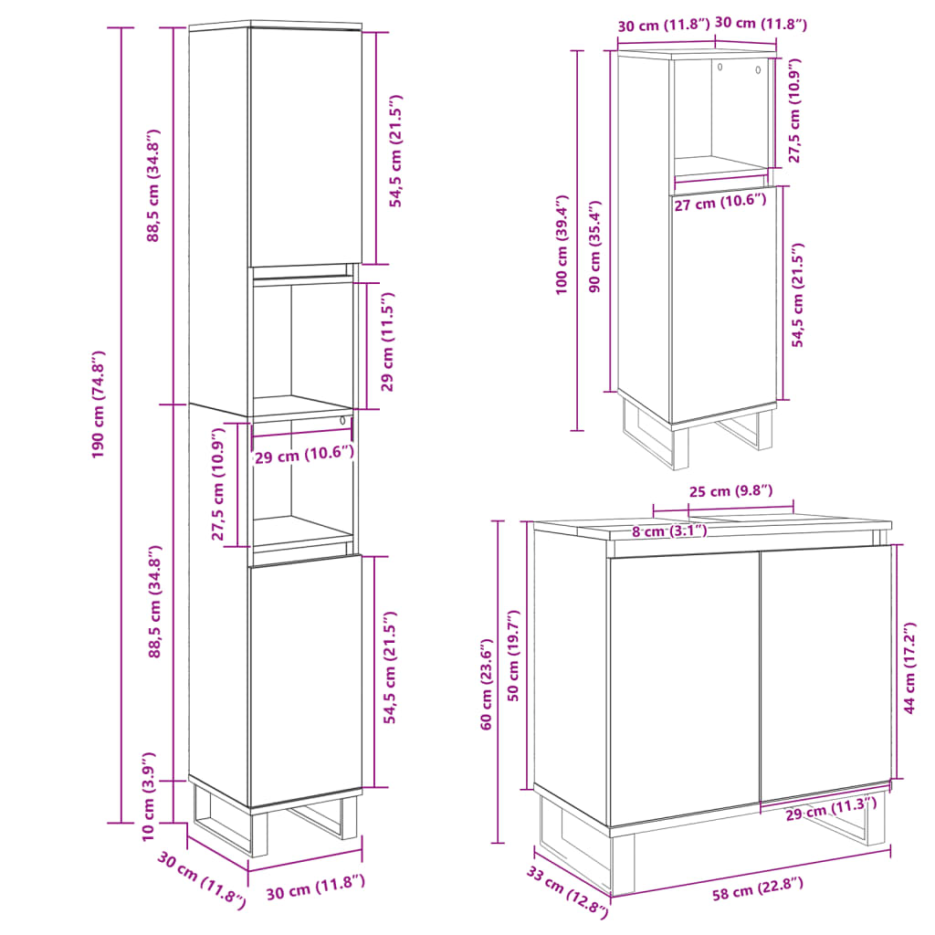 Set Mobili Da Bagno 3 Pz In Legno Multistrato